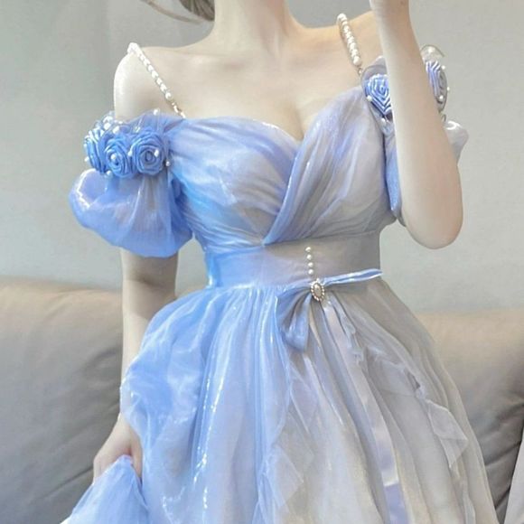 Blue Rose Bubble Sleeve Gradient Princess Lolita Women Dress #1259 - Picture 6 of 6